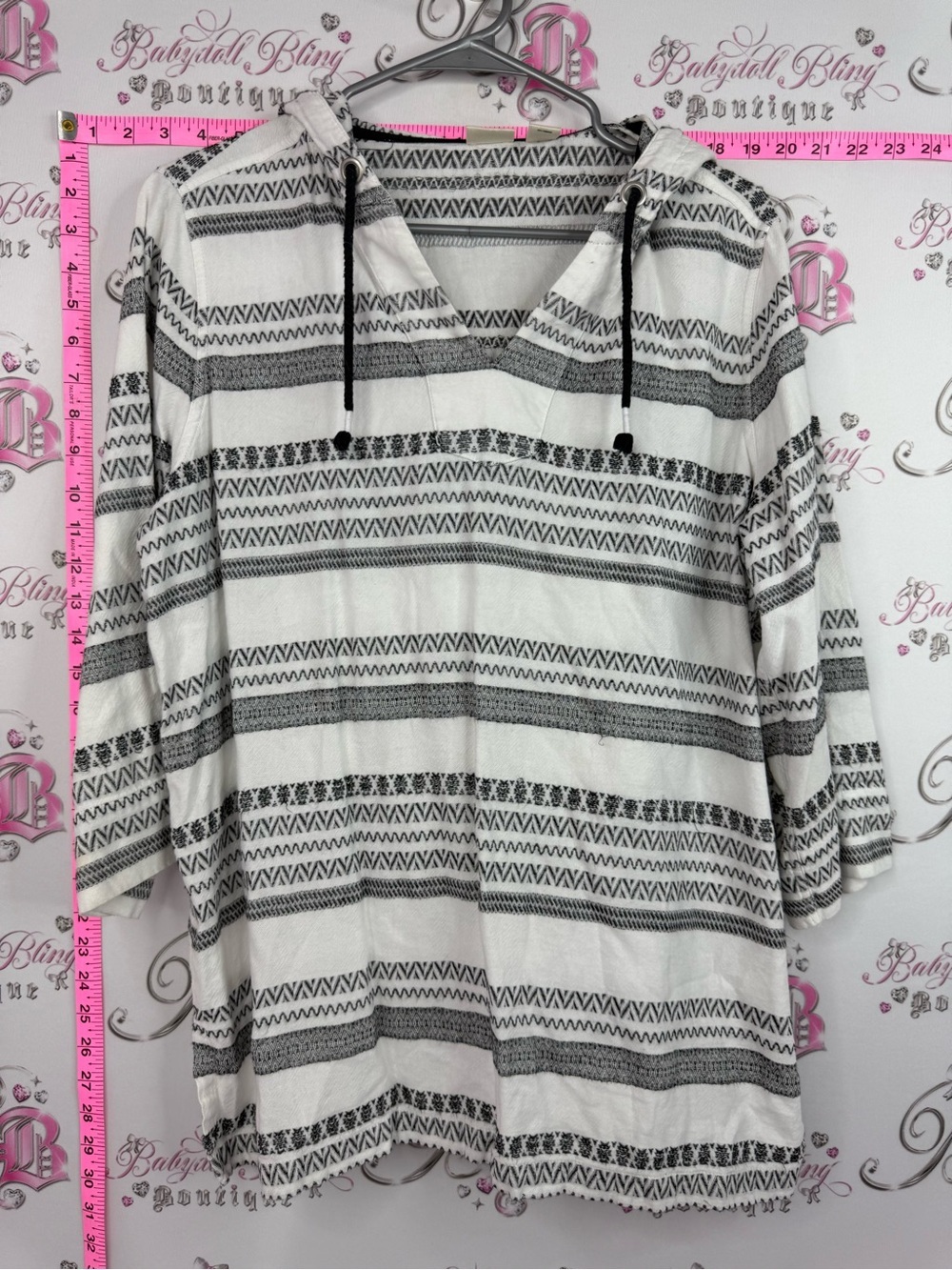 Westbound shirt top sweater style White and Black Striped Hooded Pullover